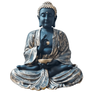 Golden Black Marble Look Buddha Sitting with Golden Bowl Murti Statue Figurine Sculpture