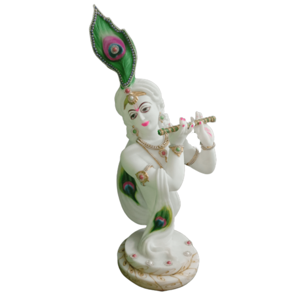 White Marble Look Green Morpankhi Shri Krishna Murti Figurine Sculpture Height 60 cm