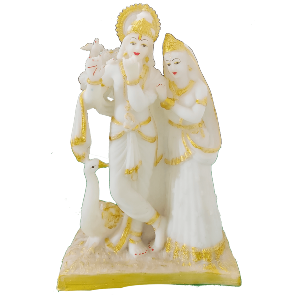 White Standing Radha Krishna with Peacock Pair of Birds Statue Murti Height 38.5 CM