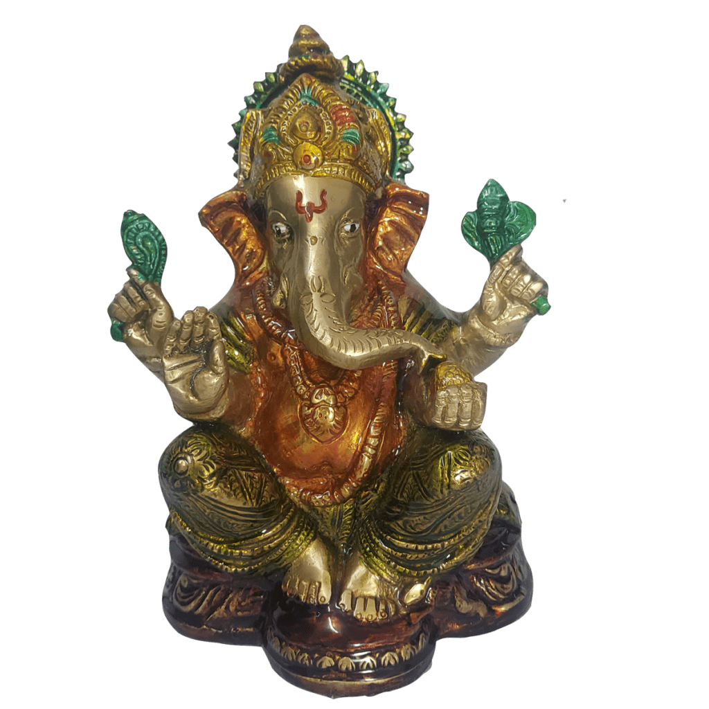 Chaturbhuj Ganesha Stone Pure Brass Statue with Antique Finish L- 12 cm .