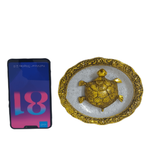 Golden Metal Table Top Feng Shui Tortoise on Plate for Home Decor