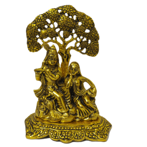 Radha Krishna Idol Sitting Under Tree Golden Plating Metal
