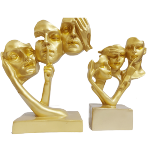 Abstract 3 Lady Faces Statue Figurine Golden