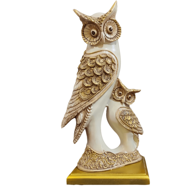 Mother Child Owl Statue Table Showpiece with Wooden Base Height 32 CM