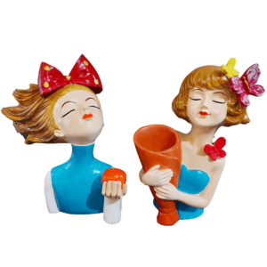 Pair of Girls Showpiece Statue Figurine with Flower Pot and Apple in Hand