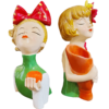 Pair of Girls Showpiece Statue Figurine with Flower Pot and Apple in One Hand