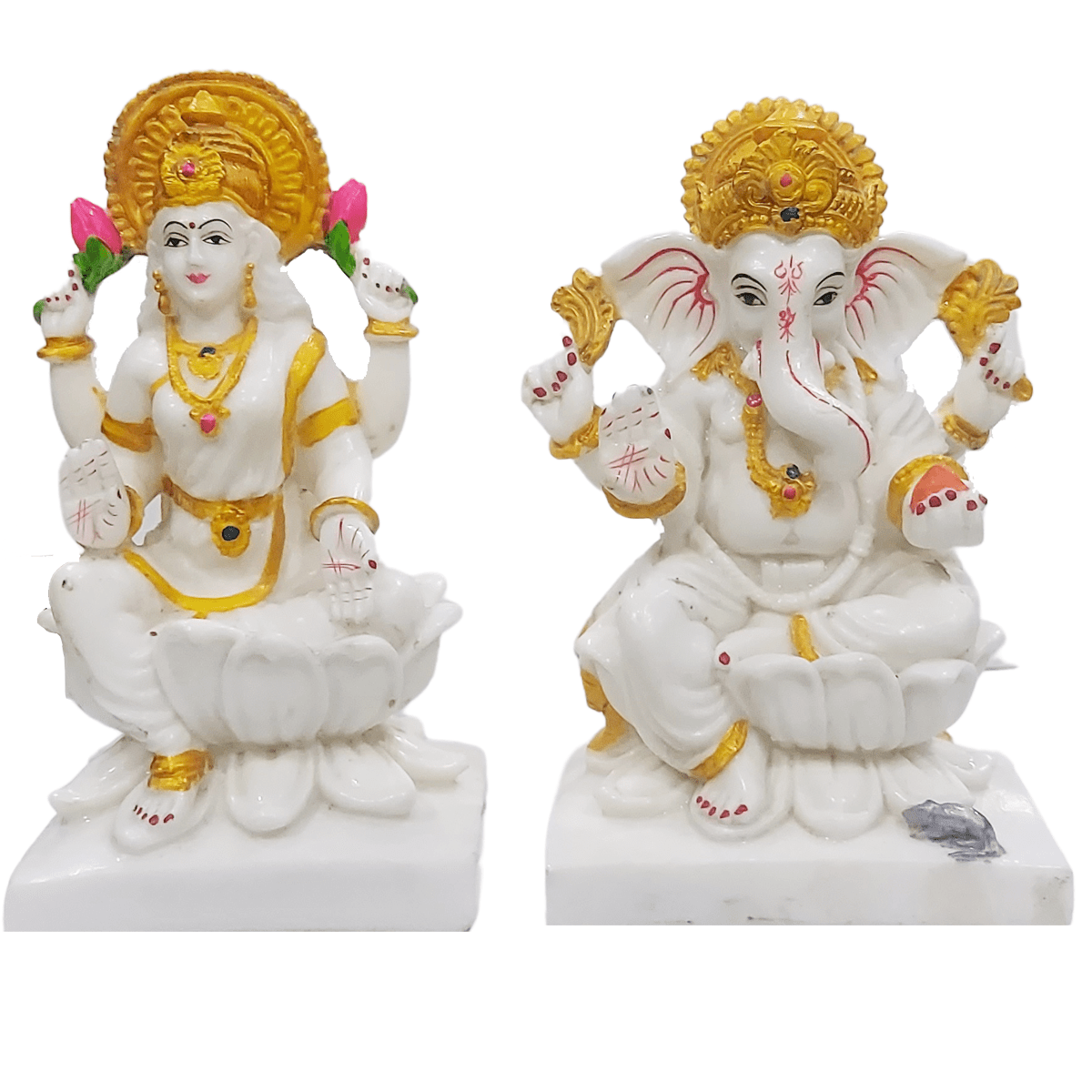 Decorify White Marble Look Laxmi Ganesh Sitting on Lotus Statue for Diwali