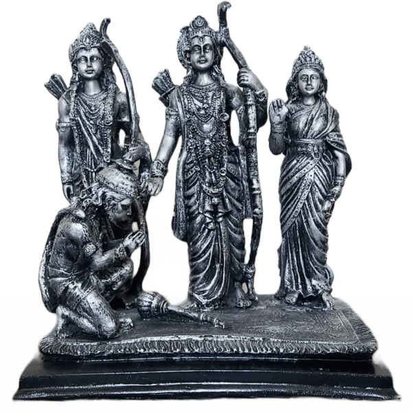 30 CM Metalic Look Ram Darbar with Hanuman Statue Murti 30 CM Metalic Look Ram Darbar with Hanuman Statue Murti : The Ramdarbar is the name given to the group of figures who appear in the Ramayana, one of the most popular stories in the Hindu tradition. The figures are Rama, Sita, Lakshmana and Hanuman. The divine idol of Ramdarbar is carved out of highest quality resin and hand painted by the superior craftsmen of India. It is a divine showpiece that can adorn your puja room. The exquisite carving, intricate designs and bright colors proclaim real class. The quality, finish and sheen of the idols will stay without any defects for many years. You can pass on this legacy through generations to come. We guarantee you that just like the blessings of Ram, Sita, Laxman and Hanuman, the deity idol will also last through many years to come. This exclusive offering from cutNcurve is also a perfect gift to your loved ones for all occasions to shower them with the blessing of the god